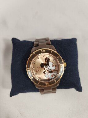 Disney Resort Mickey Watch Rhinechips Gold Brown Gold Face Japan Accutime SMALL